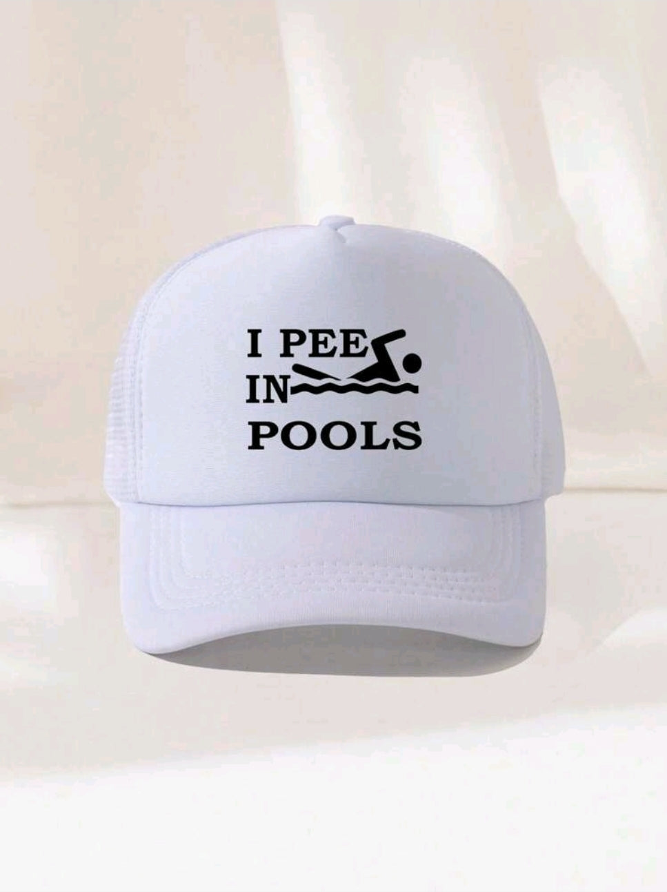 🥳 The Infamous "I PEE IN POOLS" White Mesh Trucker Hat, I Pee In Pools Hat | Funny Party Hat | White Mesh Trucker Cap | Stag Do & Hen Night Gift | Student Night Out Apparel