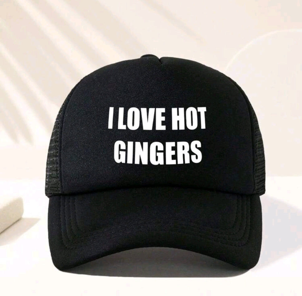 Black cap with 'I LOVE HOT GINGERS' text on a light background
