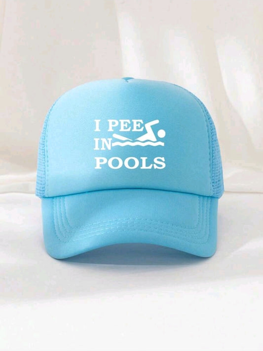 🧢 I Pee in Pools Trucker Hat – Funny solid Blue Mesh Cap for Student Nights, Stag Dos & Summer Parties